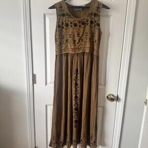 MPH Maxi Dress Women Medium M Beige Brown Embroidered Boho Earthy Fairy Cottage